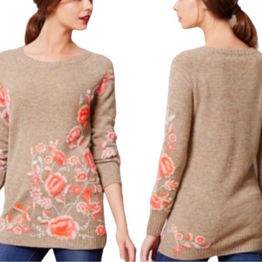 Sleeping on Snow Tan & Pink/Orange Floral Embroidered Wool Tunic Sweater
